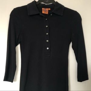 Tory Burch Black 3/4 Sleeve Polo. Size S.